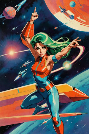 Minimalist painting of an old sci - fi character design, character is in a dynamic pose, flying through space, stretching one arm out and up, clenching her fist, vintage, retro, space age, comic cover, minimal design, tainted, worn, (faded:0.4), psy, sexy, carmen electra,girl,ohwx woman,patina metal skin, topless, upper body shot, rocket ship, on a planet,retro_rocket