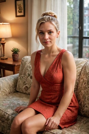 (full body), (establishing shot). a 35 year old woman with blonde straight hair, sitting in her couch in a mid-century living room, hardly smiling expression, red minidress, ponytail, thispersondoesnotexist.com, average appearance girl, posted on reddit, taken using an iPhone 7 camera, amateur, real life person, basic person with realistic features  

Low camera shot. (Low perspective shot). film grain. grainy. Sony A7III. photo r3al, 
, PORTRAIT PHOTO, 
Aligned eyes,  Iridescent Eyes,  (blush,  eye_wrinkles:0.6),  (goosebumps:0.5),  subsurface scattering,  ((skin pores)),  detailed skin texture,  textured skin,  realistic dull skin noise,  visible skin detail,  skin fuzz,  dry skin,  hyperdetailed face,  sharp picture,  sharp detailed,  analog grainy photo vintage,  Rembrandt lighting,  ultra focus,  illuminated face,  detailed face,  8k resolution,photo r3al,Extremely Realistic