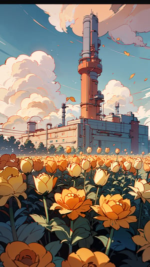 Garden factory, Tall factory, Many yellow marigold , A few roses, red tulips, clouds, ultra wide shot, atmospheric, hyper realistic, 8k, epic composition, cinematic, octane render, artstation landscape vista photography by Carr Clifton