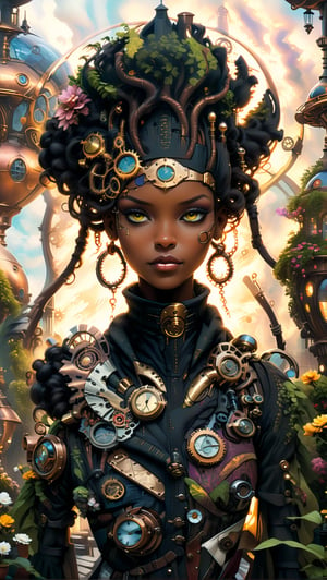 A majestic Black woman with a regal bearing, previously wearing golden royal attire, is now depicted in a steampunk setting. She stands in a vibrant street on Paradise, amidst an architecture that is a fusion of beautiful gardens and futuristic residences. The buildings are the most exquisite, with elements of advanced technology like UFO landing pads blended with Victorian aesthetics. It's spring, so the gardens are alive with blooms. Ethereal spirits mingle with humans, all engaging in various activities. The scene is illuminated by the gentle light of morning, casting a soft glow over the smooth, vivid colors of the surroundings. The atmosphere is complex and detailed, capturing the essence of a steampunk utopia.