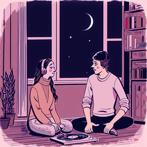 An illustration of a man and a woman inside their cosy apartment, quietly sitting around listening to music. Both their eyes closed. Vinyl record player in between them. Each sitting cross legged on the wooden parquet flooring. Music notes dancing in the air above their heads. 
Warm moody atmosphere, abstract lines depicting the cosy furnished apartment, window overlooking the night sky in the background. Sliver ray of moonlight shining in.
Chaotic painted blob background in dark purple watercolor.
Monochrome warm soft tints Color palette 

Style of of satoshi hashimoto , satomic