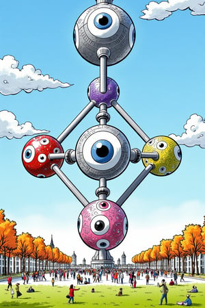 Satomic illustration. (((colorful illustration))) by satoshi, of the (((Brussels Atomium building, 9 steel spheres that resemble the unit cell of an iron crystal, magnified by 165 billion ))) made out of googly eyes.

Scene is during daytime, high noon. Lots of people on the ground, very small. The structure overpowers the dynamic of the image.

by Satoshi Hashimoto, satomic