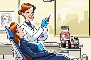 A (((colorful editorial illustration ))).
cartoon scene, (((dentist treating a patient)))

The dentist, a Caucasian woman in her 50s from European and Irish descent, treats her patient, who is a woman who has a slight tanned skin, long redhead hair, lying down in the dentist's chair. She  is wearing a navy blue modern outfit.

Background: A modern, sleek dentist office with large windows showcasing the city skyline. The dentist chair, desk and office details remain, keeping the atmosphere professional but highlighting the tension between the two characters.
(((hand drawn, loose, loose coloring))) (Coloring technique: loose, expressive fills) , ((nice shading techniques)) (bold color palette, few colors) (dynamic, hand-drawn sketch aesthetic). Coarse fluid bold black outlines. Style satoshi hashimoto, satomic.
Textured Chaotic paint background in duotone colours watercolor, with warm  color palette.  

In the style of Satoshi Hashimoto. Satomic.

