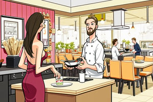 A (((colorful editorial illustration))). Very Detailed cartoon scene, (((chef preparing a meal)))

 The chef, a Caucasian man in his 40s with French and Italian heritage, cooks for his customer, a woman with slightly tanned skin and long dark brown hair, seated at a modern kitchen island. She is wearing a stylish burgundy dress. Background: A modern, sleek kitchen with large windows showcasing a vibrant restaurant setting. The stove, countertops, and kitchen equipment remain, keeping the atmosphere professional but emphasizing the intensity of the cooking process. 

(((hand-drawn, loose, loose coloring))) (Coloring technique: loose, expressive fills), ((nice shading techniques)) (bold color palette, few colors) (dynamic, hand-drawn sketch aesthetic). Coarse fluid bold black outlines. Style Satoshi Hashimoto, satomic. 

Textured chaotic paint background in duotone colors, watercolor, with a warm color palette. In the style of Satoshi Hashimoto. Satomic.