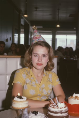 RAW photo 
The woman in the center wears a party hat and is seated at what appears to be a booth in a diner. Her expression is blank or slightly displeased, as though she is not enjoying the celebration.

Setting: photo take in an indoor setting, a diner or casual restaurant, with the booth seating and tables. This picture is taken in a vintage atmosphere, likely from the mid-20th century.
Era: the images are likely from the 1960s to 1970s, leaning towards a retro aesthetic with accompanying clothes, hairstyles, and color tones from that era. 
Perspective: The perspective is straightforward, with medium close-up shots of the individual sitting in front of birthday cakes. The camera focuses on their facial expressions, centering them within the frame.
Scene: the scene represents a birthday celebration, but the mood is melancholic or indifferent, a stark contrast to the festive atmosphere usually associated with birthdays.
Camera & Lighting: The images appear to have been shot on film, likely with a mid-century camera. The lighting seems natural or minimally artificial, with no harsh shadows, creating a soft but slightly muted vintage look.
flfmt