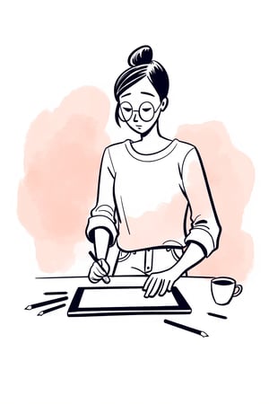 An editorial illustration of a woman dressed in a casual but chic outfit, sitting at her desk sketching on a large tablet. Her brow is furrowed in concentration, fingers gliding smoothly across the screen.

Appearance:
The woman wears a trendy blouse and jeans, her hair in a loose bun. She has a pair of stylish glasses perched on her nose, her body language absorbed in her work.

Setting:
A minimalist workspace with abstract lines suggesting the desk and tablet, scattered pencils and coffee mug on the side.

Mood:
Focused and calm, with a creative energy reflected in the soft lighting and pastel hues.

Era:
Contemporary.

Perspective:
Over-the-shoulder view, focusing on the tablet screen as she draws.

Background:
Chaotic painted blob in pale pink watercolor, with monochrome soft tints color palette.


. Style of satoshi hashimoto, satomic.