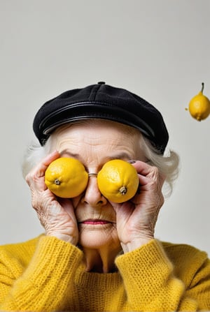 This image depicts an elderly individual wearing a black cap and a yellow sweater. The person is holding two lemons up to their eyes, playfully positioning them as if they were spectacles. The lemons are held over the eyes, one over each eye, creating a humorous effect. The individual's face is partially visible, showing a puckered mouth, which adds to the whimsical nature of the scene. The background is plain and white, which draws attention to the subject and the lemons. The overall mood of the image is light-hearted and fun, with a touch of playfulness.