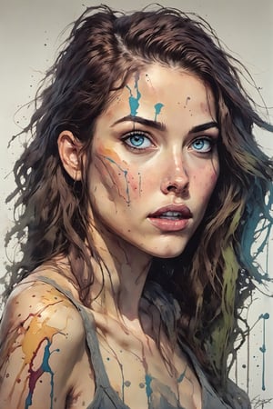 Painting of a gorgeous slender 22-year-old woman, brunette, olive skin, naked skinny body, long wavy hair, blu eyes, (wide upturned nose:1.6), big protruding human ears, natural full lips, thick eyebrows, small naked breasts, thick pointy nipples, wide nose, upturned nose. Sexy, aggressive and provocative expression, (three-quarters view:1.3), league of legends, muted colours, octane render, intricate, ultra-realistic, elegant, highly detailed, digital painting, artstation, concept art, smooth, sharp focus, illustration, by ilya kuvshinov and krenz cushart, three-quarters view, sharp hard lines,  brush strokes, white space silhouette,  watercolor, oil painting, ink panting, style by Agnes Cecile, Alberto Seveso,  Anna Bocek, Carne Griffiths, Charlie Bowater ,ink ,Comic Book-Style 2d