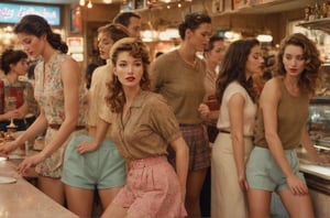 (photograph of a diner scene, bar stools at a counter, women dancing groovy, various dancing poses, eyes closed, entranced by the music. Women wearing various summer outfits including shorts and skirts, visible legs crossed or extended, hairstyles and hats typical of the 1990s, countertop displays a cake stand and other items, floor is terrazzo, LIFE magazine watermark in the bottom right corner, atmosphere is casual and social)
, nipples poking through fabric, nipples very prominent poking through fabric, under soft lighting, 
Extremely Realistic, art by sargent, PORTRAIT PHOTO, 
Aligned eyes,  Iridescent Eyes,  (blush,  eye_wrinkles:0.6),  (goosebumps:0.5),  subsurface scattering,  ((skin pores)),  (detailed skin texture),  (( textured skin)),  realistic dull (skin noise),  visible skin detail,  skin fuzz,  dry skin,  hyperdetailed face,  sharp picture,  sharp detailed,  (((analog grainy photo vintage))),  Rembrandt lighting,  ultra focus,  illuminated face,  detailed face,  8k resolution,,
Extremely Realistic, art by sargent, PORTRAIT PHOTO, 
Aligned eyes,  Iridescent Eyes,  (blush,  eye_wrinkles:0.6),  (goosebumps:0.5),  subsurface scattering,  ((skin pores)),  (detailed skin texture),  (( textured skin)),  realistic dull (skin noise),  visible skin detail,  skin fuzz,  dry skin,  hyperdetailed face,  sharp picture,  sharp detailed,  (((analog grainy photo vintage))),  Rembrandt lighting,  ultra focus,  illuminated face,  detailed face,  8k resolution,






