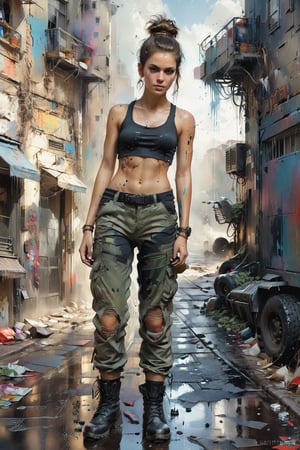 award winning half body portrait of a beautiful woman in a croptop and cargo pants, military boots, standing on the street faint smile, paint splashes, hair in a bun, splatter, outrun, vaporware, digital art, trending on artstation, highly detailed, fine detail, intricate by Jeremy Mann, matth�us merian the elder, Pino Daeni, robert rauschenber, by beksinski,Extremely Realistic,rebsonya