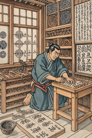 a craftsman in his woodworking shop, Nordic runes, epic light,Ukiyo-e