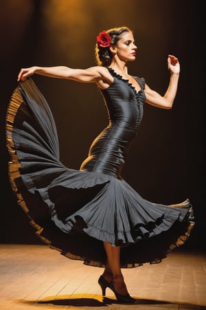 (wideshot), (long shot ), ((full body))
Side view of a Mexican flamenco dancer, 29 years old, exuding a fiery passion and grace, with a sharp, intense face, highlighted in the (left side of the frame). She's on stage, mid-dance, her body expressing the powerful emotions of flamenco through her fluid, commanding movements.

Her hair, long and sleek black, is pulled back tightly, allowing the focus to be on the sharp angles of her face and the dramatic arch of her neck as she dances. Her gaze is intense and focused, not on the camera but on the space around her, her expression one of deep passion and concentration.

She has a lithe, powerful build. Wearing a (traditional flamenco dress), the fabric rich in color and adorned with ruffles, it flows and spins with her, accentuating every movement. Her feet, in (sturdy flamenco shoes), rhythmically tap and strike the floor, her posture and poise a testament to her skill and the emotional depth of her performance.

((Full body shot)), (full body shown)
Low camera long shot. (frog perspective shot) In summary, this image captures the essence of inviting and stylish beauty. film grain. grainy. impasto painting real, impressionist ,
, PORTRAIT PHOTO,
Aligned eyes, Iridescent Eyes, (blush, eye_wrinkles:0.6), (goosebumps:0.5), subsurface scattering, ((skin pores)), detailed skin texture, textured skin, realistic dull skin noise, visible skin detail, skin fuzz, dry skin, hyperdetailed face, sharp picture, sharp detailed, analog grainy photo vintage, Rembrandt lighting, ultra focus, illuminated face, detailed face, 8k resolutionr,PORTRAIT PHOTO