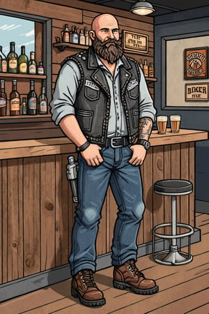 (pixel style), of a Austin Biker Bar Owner: Rustic bar, serving rough clientele, bald with a thick beard, steely blue eyes, leathered skin, authoritative demeanor, biker vest, dark jeans, motorcycle boots, illustration 