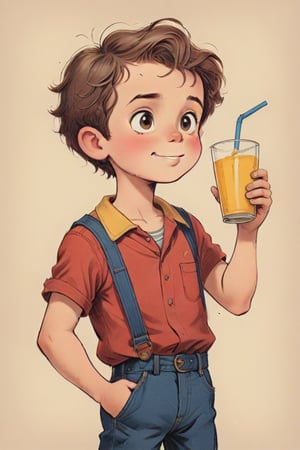 vintage comic book ((illustration)), 
(Brown-haired boy with a round face, drinking from a glass with a yellow beverage through a straw) in a (mid-20th-century cartoon illustration style). The male child character has (simple, stylized features) with (small dot eyes and a gentle smile), wearing a red shirt and blue jeans pants. The hair is (brown, represented with simple, playful shapes). The boy appears (joyful and innocent), with a (retro aesthetic reminiscent of 1950s and 1960s children's book illustrations). The background is (minimalistic, focusing on the character) with (flat, solid colors typical of offset printing). The overall mood is (cheerful and nostalgic), capturing the (essence of vintage children's illustrations). rubber_hose_character, children's picture books,, detailed gorgeous face, exquisite detail, ((full body)), 30-megapixel, 4k, Flat vector art, Vector illustration, Illustration, ,,rubber_hose_character,,vintagepaper,,,,,,<lora:659095807385103906:1.0>