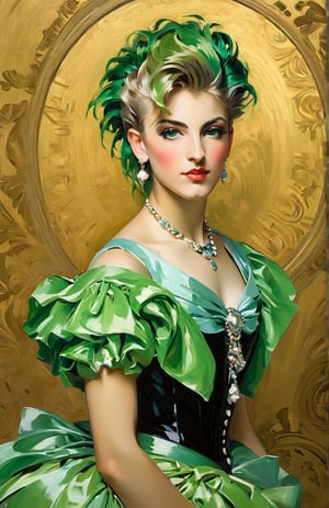 A striking oil painting capturing the essence of an elegant and magnificently proportioned Parisian socialite, dressed as a nineties teenager, punk rock chick, spiky green hair. With inspiration drawn from the masterful works of John Singer Sargent, Alphonse Mucha, Klimt, and Vincent Van Gogh, this portrait exudes artistic brilliance. The subject's alluring beauty is evident in her delicate features, flawlessly rendered by the artist. The expertly applied brushstrokes reveal intricate details, from her lustrous hair to the mesmerizing depth of her enchanting eyes. Every stroke of vibrant color breathes life into her radiant complexion, accentuating the subtle contours of her face. This captivating masterpiece enraptures viewers, serving as a testament to the timeless allure and grace of the Parisian elite.,sargent,v0ng44g