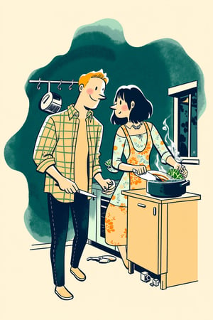 A cartoon illustration of a man and a woman preparing dinner in their small kitchen. The man chops vegetables while the woman stirs a pot, both sharing a quiet smile, their body language suggesting comfort in the routine.

Appearance:
The man wears a simple flannel shirt, sleeves rolled up, while the woman is in a floral dress and apron. Both have slightly tousled hair, adding to the informal, relaxed vibe of the scene.

Setting:
A compact kitchen with abstract outlines of countertops, pots hanging on hooks, and a window cracked open to let in the night air. Steam rises from the pot, reflecting the warmth of their home.

Mood:
Cozy and intimate, the soft lighting and warm tones give the scene a sense of everyday calm and companionship.

Era:
Contemporary, with elements of rustic design.

Perspective:
Side view, slightly above eye level, focusing on their shared activity and subtle smiles.

Background:
Chaotic painted blob in dark teal watercolor, with monochrome warm soft tints color palette. Style of satoshi hashimoto, satomic.