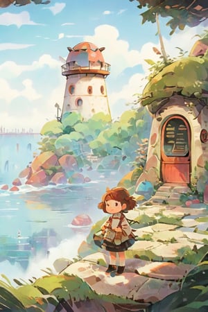 a beautiful artwork illustration, detailed scenery, environment design illustration, highly detailed scene, beautiful anime scenery concept art, immensely detailed scene, vintage paper, more detail XL, Warm pastel colors, shuicaixiaodian, girl, brown braid hair, cute, kawaii, beautiful face, in front of a large strange building. The image depicts a futuristic, large spherical structure atop cylindrical supports, reminiscent of a water tower but with architectural features, situated on a body of water flanked by rocky outcrops with vegetation. The art style is digital with a clean, vivid color palette, using cel-shading techniques to create a flat, yet textured appearance. The technique is similar to that used in anime backgrounds, evoking the works of artists from Studio Ghibli, such as Hayao Miyazaki, or Makoto Shinkai, known for their detailed, immersive environments. It's a blend of natural landscape and science fiction architecture, presenting an idealized, serene scene with a clear sky.