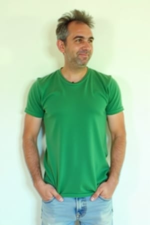 Photo of tmhrmns,a candid upper body photograph, simple backgrounds  , wearing a hip green t-shirt and light jeans, casual 