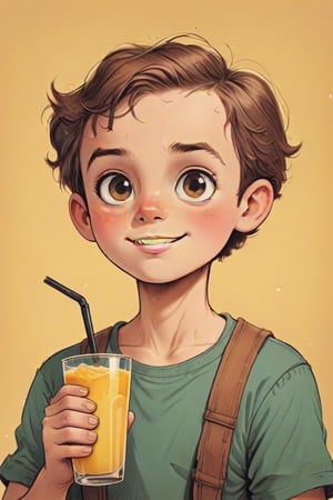 vintage comic book ((illustration)), 
(Brown-haired boy with a round face, drinking from a glass with a yellow beverage through a straw) in a (mid-20th-century cartoon illustration style). The male child character has (simple, stylized features) with (small dot eyes and a gentle smile). The hair is (brown, represented with simple, playful shapes). The boy appears (joyful and innocent), with a (retro aesthetic reminiscent of 1950s and 1960s children's book illustrations). The background is (minimalistic, focusing on the character) with (flat, solid colors typical of offset printing). The overall mood is (cheerful and nostalgic), capturing the (essence of vintage children's illustrations). rubber_hose_character, children's picture books,, detailed gorgeous face, exquisite detail, ((full body)), 30-megapixel, 4k, Flat vector art, Vector illustration, Illustration, ,,rubber_hose_character,,vintagepaper,,,,,,<lora:659095807385103906:1.0>