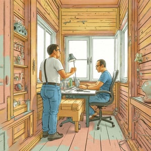 (((detailed colorful illustration))) by lmendo, depicting tmhrmns,

medium shot of Tom, tmhrmns, with caucasian skin, standing in his home office. The scene is pretty light. The soft focus is accentuated by a slight film grain, giving the image a nostalgic, textured feel. The color palette is vibrant, with his clothes, t-shirt and jeans, standing out against the muted, earthy tones of background. Tom's round dark-rimmed glasses give him a confident look. Tom's determined expression conveys his dedication to mastering his various tasks. As the camera pans out, the worn, wooden walls of the scene fade into the background, immersing the viewer in the protagonist's world. The overall mood is one of creative fervor, capturing the essence of the fast-paced, multi-faceted life of a modern professional.