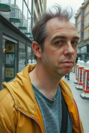 Photo of tmhrmns, A RAW candid cinema-style photograph shot on 16mm film, color graded to evoke the rich tones of Portra 400. Natural portrait aesthetic, muted skin tones, true-to-life coloration,
Soft contrast, visible skin texture, reduced brightness and saturation,
The guy is walking on the streets of London. The color palette blends light cyan and light bronze hues, giving the scene a surreal yet warm glow. His skin, ultra-realistic with visible texture, shows detailed pupils, fine lines, and subtle skin fuzz, alongside hints of dry skin. 