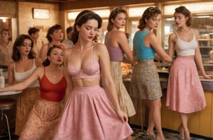 (photograph of a diner scene, bar stools at a counter, women dancing groovy, various dancing poses, eyes closed, entranced by the music. Women wearing various summer outfits including((( long summer skirt))) , hairstyles and hats typical of the 1990s, countertop displays a cake stand and other items, floor is terrazzo, LIFE magazine watermark in the bottom right corner, atmosphere is casual and social)
, nipples poking through fabric, nipples very prominent poking through fabric, under soft lighting, 
Extremely Realistic, art by sargent, PORTRAIT PHOTO, 
Aligned eyes,  Iridescent Eyes,  (blush,  eye_wrinkles:0.6),  (goosebumps:0.5),  subsurface scattering,  ((skin pores)),  (detailed skin texture),  (( textured skin)),  realistic dull (skin noise),  visible skin detail,  skin fuzz,  dry skin,  hyperdetailed face,  sharp picture,  sharp detailed,  (((analog grainy photo vintage))),  Rembrandt lighting,  ultra focus,  illuminated face,  detailed face,  8k resolution,,
Extremely Realistic, art by sargent, PORTRAIT PHOTO, 
Aligned eyes,  Iridescent Eyes,  (blush,  eye_wrinkles:0.6),  (goosebumps:0.5),  subsurface scattering,  ((skin pores)),  (detailed skin texture),  (( textured skin)),  realistic dull (skin noise),  visible skin detail,  skin fuzz,  dry skin,  hyperdetailed face,  sharp picture,  sharp detailed,  (((analog grainy photo vintage))),  Rembrandt lighting,  ultra focus,  illuminated face,  detailed face,  8k resolution,






