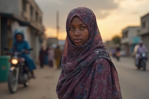 Photography in (steve mccurry style), a young Somali woman with striking blue eyes, cultural portrait, emotive humane photography, rich colors, analog film, film grain, kodachrome, intricate details, insanely detailed, natural lighting, 8k, hdr, masterpiece, award winning photography, Fine art photography style, film photography style. ((wide view, standing on the street in Somalia, some people and cars, bikers in background))
The overall composition has a cinematic, feel, blending the nostalgia of classic paintings with every day life. flfmt
