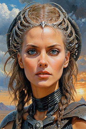 beautiful survivor lady with stunning eyes, strange shapes in the sky, post-apocalyptic, druid, fantasy, dungeons & dragons, Ralph Mcquarrie, drew struzan, h.r. giger, Zdzisław Beksiński, mad max, lady,ohwx woman
,PORTRAIT PHOTO