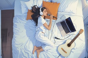 a wide angle full body shot of a beautiful slim latina girl with long dark hair wearing white headphones and white pijamas in the bedroom singing  there is a guitar and a laptop besides her