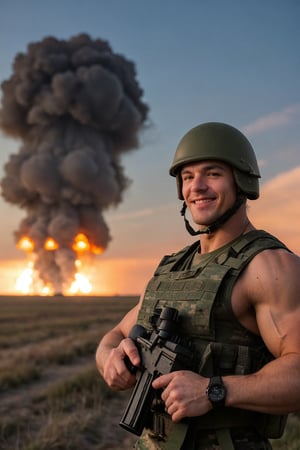 RAW Photo, DSLR BREAK masculine man, bodybuilder, wearing_military helmet, holding_weapon, ak 47, (light smile:0.8), (smile:0.5),  (looking at viewer), focused ,outdoors (battleflied), explosion in the background, bomb, destroyed fields, Scandinavian design space BREAK detailed, natural light
