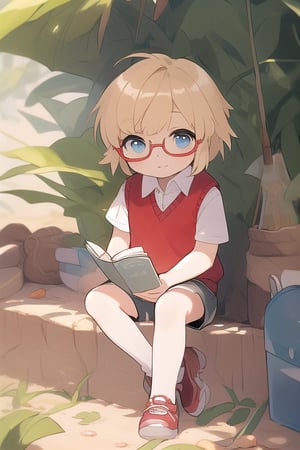 score_9, score_8_up, score_7_up, score_6_up, child, boy, 10yo, white skin, blue eyes, blonde hair, short hair, bangs, flat chest, solo, full body, looking at viewer, wearing glasses, red sweater vest, white short sleeve, black_shorts, more detail, realism, reading a book,under the tree, tree