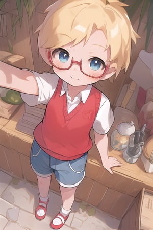 score_9, score_8_up, score_7_up, score_6_up, child, boy, 10yo, white skin, blue eyes, blonde hair, short hair, bangs, flat chest, solo, full body, looking at viewer, wearing glasses, red sweater vest, white short sleeve, no_shorts, more detail, realism, make a selfie 