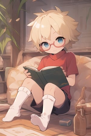 score_9, score_8_up, score_7_up, score_6_up, child, boy, 10yo, white skin, blue eyes, blonde hair, short hair, bangs, flat chest, solo, full body, looking at viewer, wearing glasses, red sweater vest, white short sleeve, black_shorts, more detail, realism, reading a book