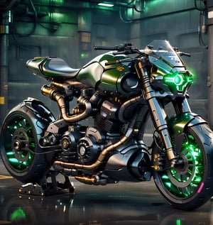 A Hi-Tech cyberpunk style dark green black bike, Custom design, shining body, glowing tyre, top look, full shining bike, body, hues.,steampunk style,cyberpunk style,mecha, perfect custom Hi-Tech bike,arch143