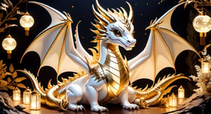 postcard, the west dragon, white and gold color theme, luxury, lights, cute style
