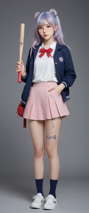 1girl, solo, looking at viewer, open mouth, bangs, skirt, shirt, long sleeves, bow, ribbon, holding, jewelry, school uniform, blue hair, standing, jacket, full body, hair ribbon, white shirt, weapon, purple hair, heart, multicolored hair, pleated skirt, earrings, open clothes, shoes, glasses, serafuku, socks, sailor collar, off shoulder, bag, holding weapon, open jacket, red ribbon, neck ribbon, thigh strap, stuffed toy, sunglasses, stuffed animal, blue jacket, sneakers, bandaid, pink skirt, teddy bear, hand in pocket, round eyewear, bandaid on face, over shoulder, tinted eyewear, bandaid on leg, weapon over shoulder, baseball bat, charm \(object\), bandaid on knee, sticker, pink sailor collar, holding baseball bat