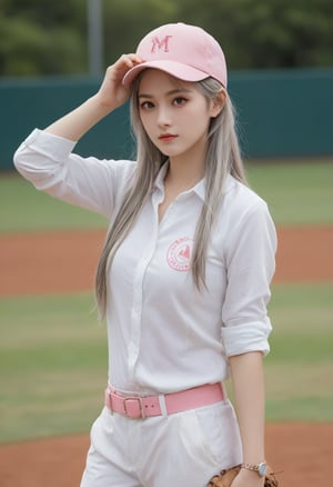 1girl, solo, long hair, looking at viewer, shirt, long sleeves, hat, closed mouth, standing, white shirt, grey hair, cowboy shot, outdoors, belt, pants, pink eyes, baseball cap, sportswear, white pants, pink headwear, ((adjusting headwear)), baseball uniform