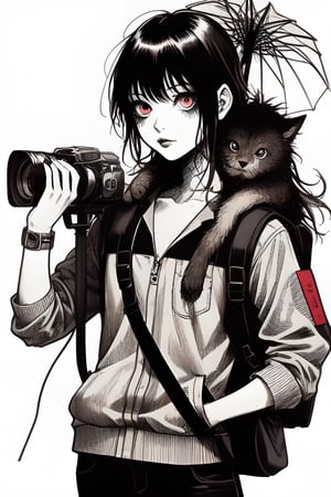 horror manga,a drawing of a girl with an umbrella and a backpack on her shoulder, holding a camera and a book, Aya Goda, neoplasticism, manga, a manga drawing