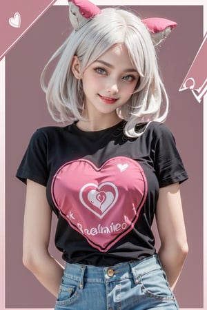,  8k, ((medium breasts)), 1girl, solo, looking at viewer, smile, brown eyes, white hair, horns, 8k,(( pink t-shirt )), pink t-shirt, (masterpiece,best quality:1.5), (masterpiece,best quality:1.5), pink t-shirt, heart bubbles, valentine day