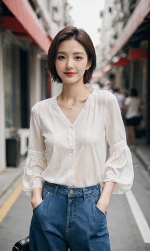 Pure White E-commerce Studio,xxmixgirl, a mysterious woman,smiling,without shadow,her upper body above the knees the focal point,She exudes confidence in a street-casual outfit