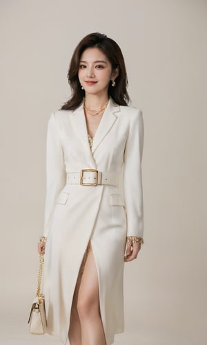 Pure White E-commerce Studio,xxmixgirl, a mysterious woman,smiling,without shadow,her upper body above the knees the focal point,She exudes confidence in a luxury outfit