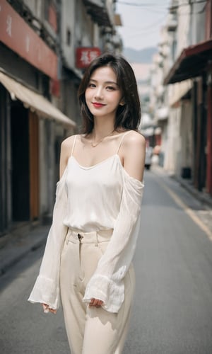 Pure White E-commerce Studio,xxmixgirl, a mysterious woman,smiling,without shadow,her upper body above the knees the focal point,She exudes confidence in a street-casual outfit