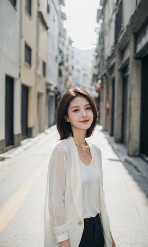 Pure White E-commerce Studio,xxmixgirl, a mysterious woman,smiling,without shadow,her upper body above the knees the focal point,She exudes confidence in a street-casual outfit