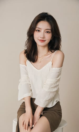 Pure White E-commerce Studio,xxmixgirl, a mysterious woman,smiling,without shadow,her upper body above the knees the focal point,She exudes confidence in a street-casual outfit