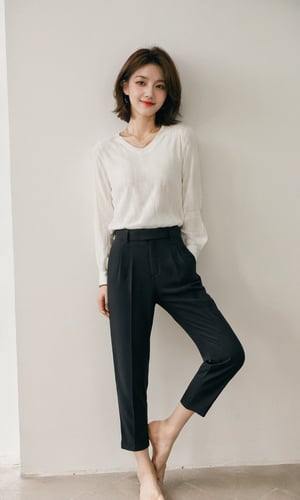 Pure White E-commerce Studio,xxmixgirl, a mysterious woman,smiling,without shadow,her upper body above the knees the focal point,lowleg_pants