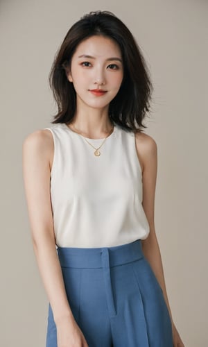 Pure White E-commerce Studio,xxmixgirl, a mysterious woman,smiling,without shadow,her upper body above the knees the focal point,She exudes confidence in a street-casual outfit