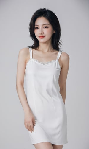 Pure White E-commerce Studio,xxmixgirl, a mysterious woman,smiling,without shadow,her upper body above the knees the focal point