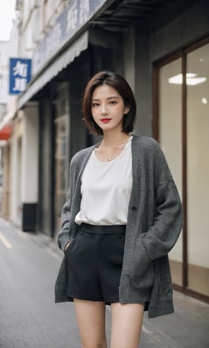 Pure White E-commerce Studio,xxmixgirl, a mysterious woman,smiling,without shadow,her upper body above the knees the focal point,She exudes confidence in a street-casual outfit