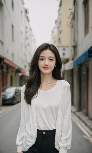 Pure White E-commerce Studio,xxmixgirl, a mysterious woman,smiling,without shadow,her upper body above the knees the focal point,She exudes confidence in a street-casual outfit