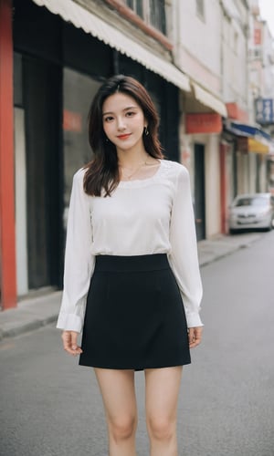 Pure White E-commerce Studio,xxmixgirl, a mysterious woman,smiling,without shadow,her upper body above the knees the focal point,She exudes confidence in a street-casual outfit